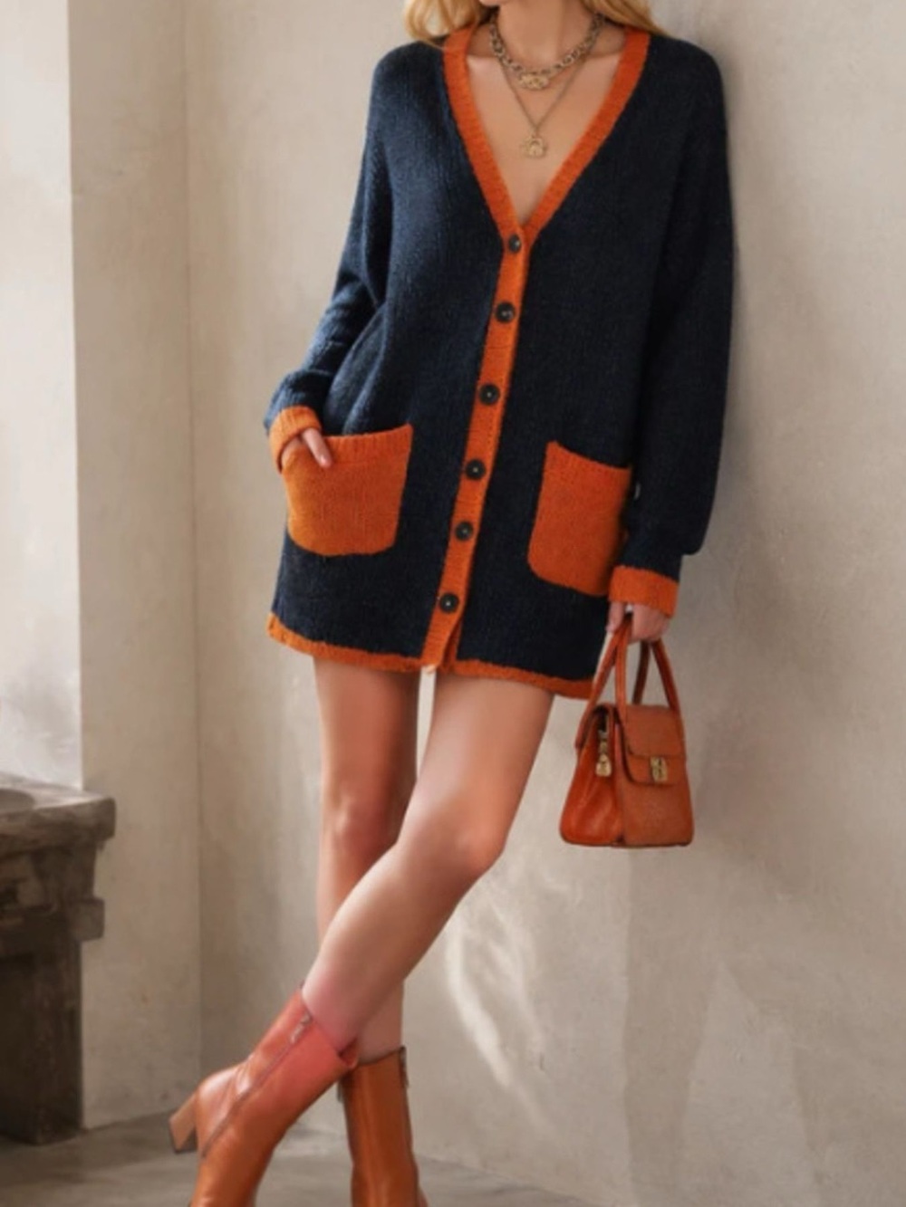 Color-Block V-Neck Button-Down Knit Cardigan - Picture 2 of 4